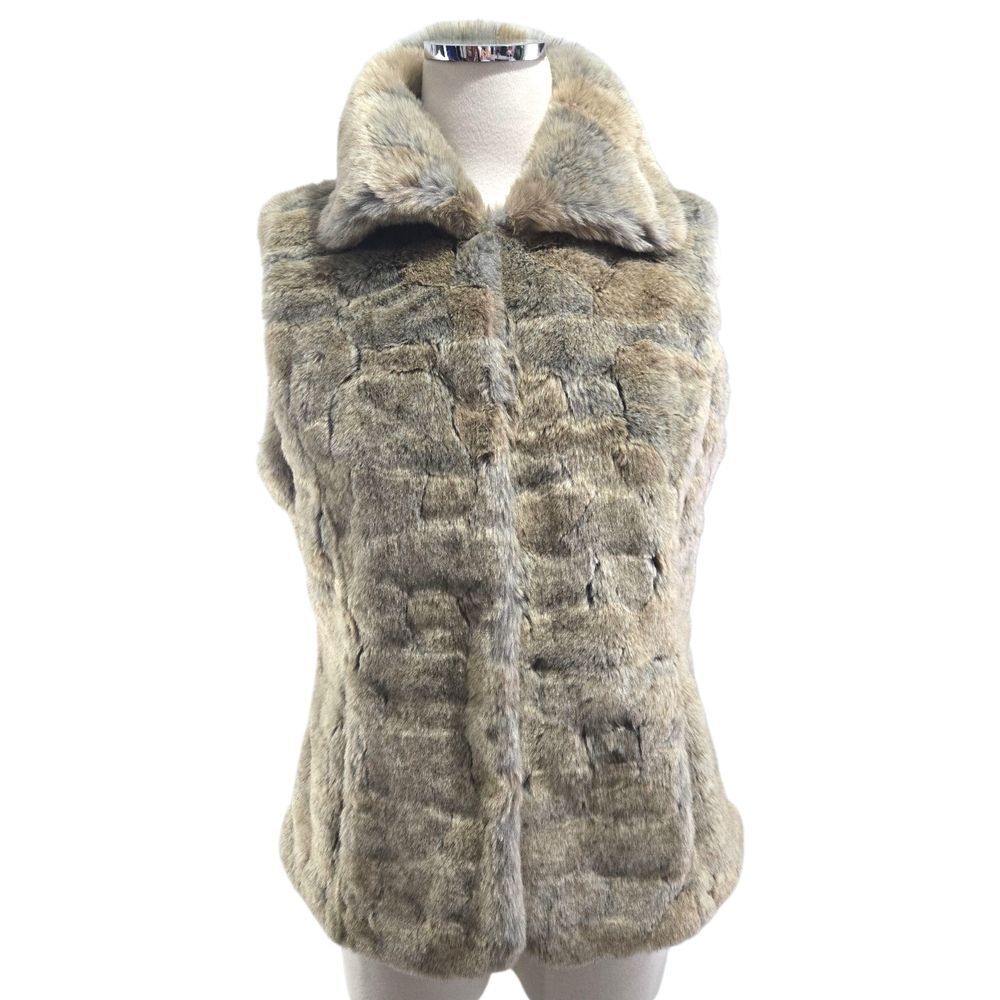 Nine West Faux Fur Collared Vest Womens M Brown Gray Lynx Animal Lined Pockets